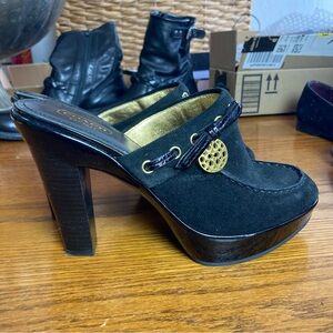 Coach Black Suede Platform Mule Heels with Gold Accent